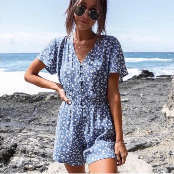 Rails Pants - Rails Sophia Sky Blue Daisies Romper Floral Playsuit Button Front Blue White XS